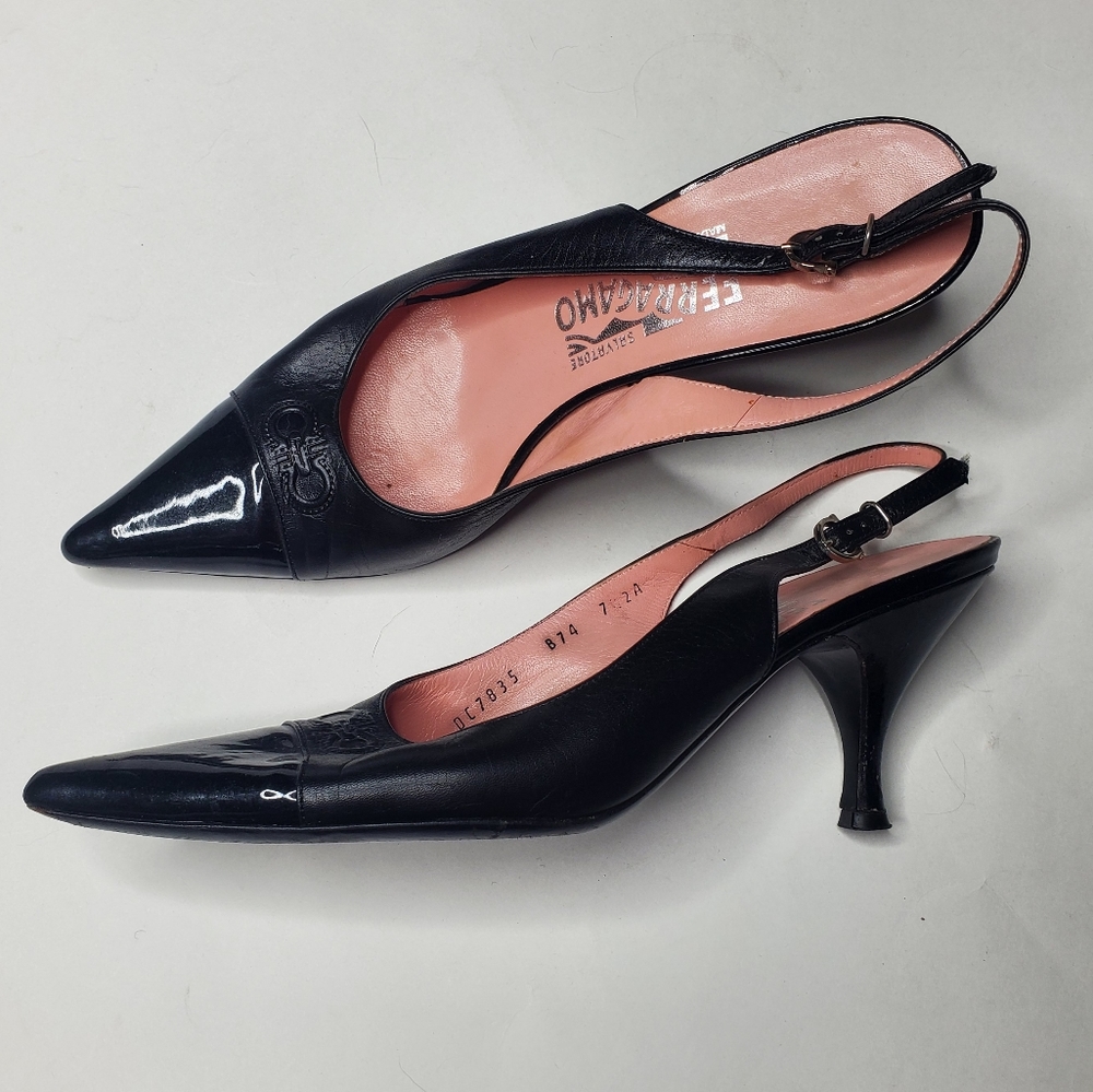 Salvatore Ferragamo Black Pointed Kitten Heel 7.5